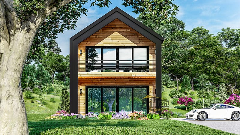 Shed home front view with covered entry and landscaping