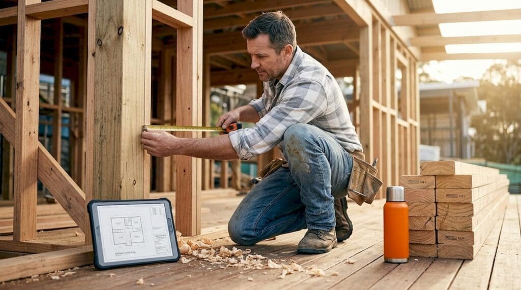 Builder assembling timber frame home kit