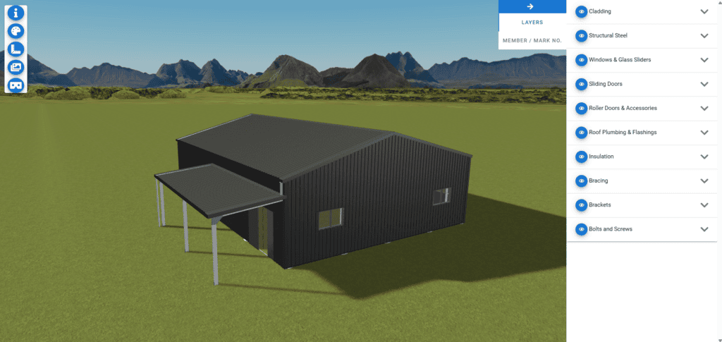 3D designer view of a shed home with carport