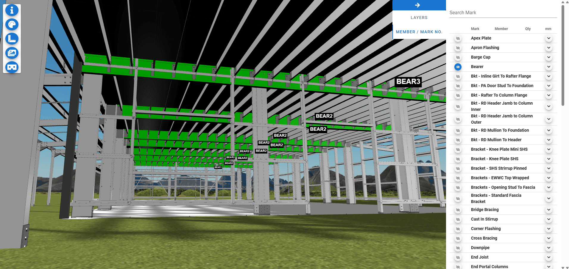 Fremantle 3D, all bearers highlighted green in full BOM view