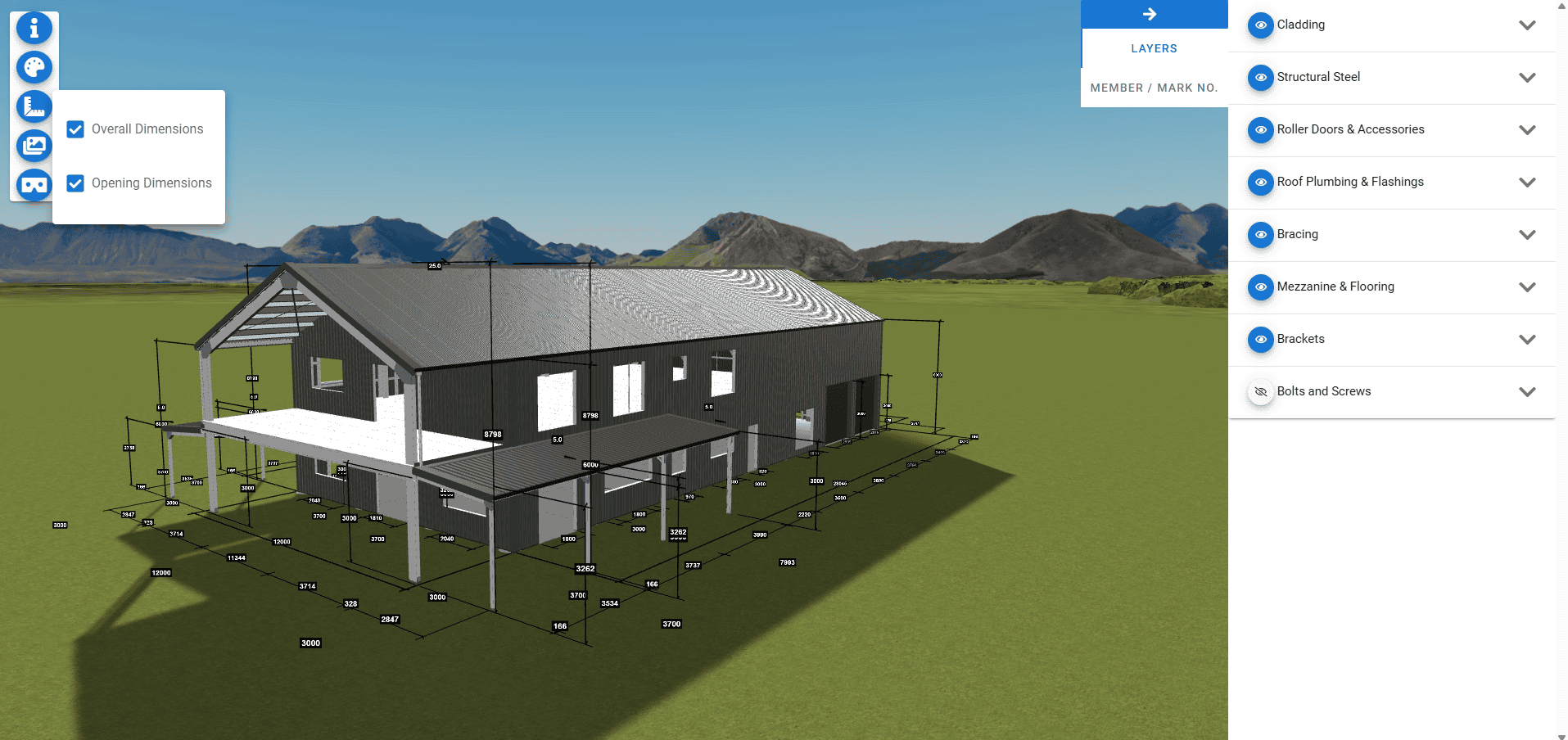 Customised Fremantle 3D, front view with all dimensions including mezzanine and awning