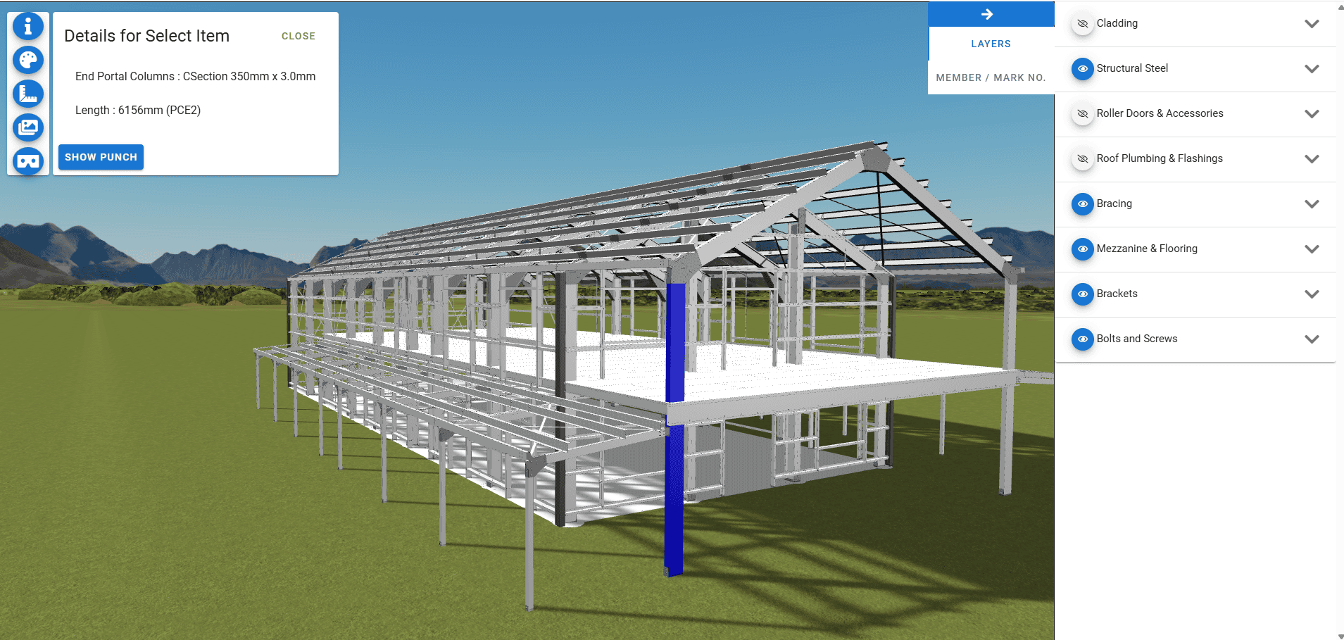 Fremantle 3D, full structural frame with end portal columns highlighted