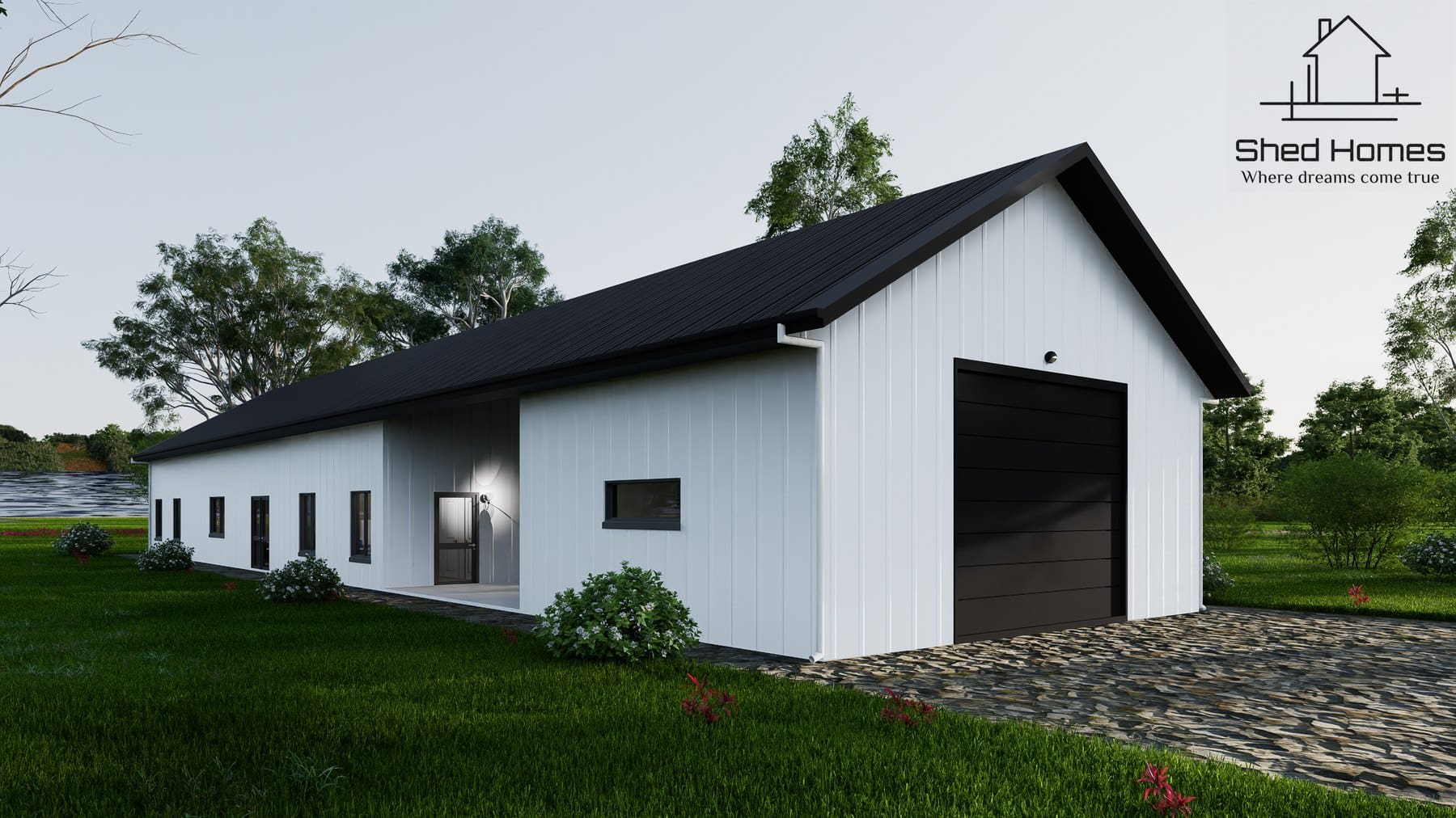 Front elevation, with the veranda running the length of the living wing