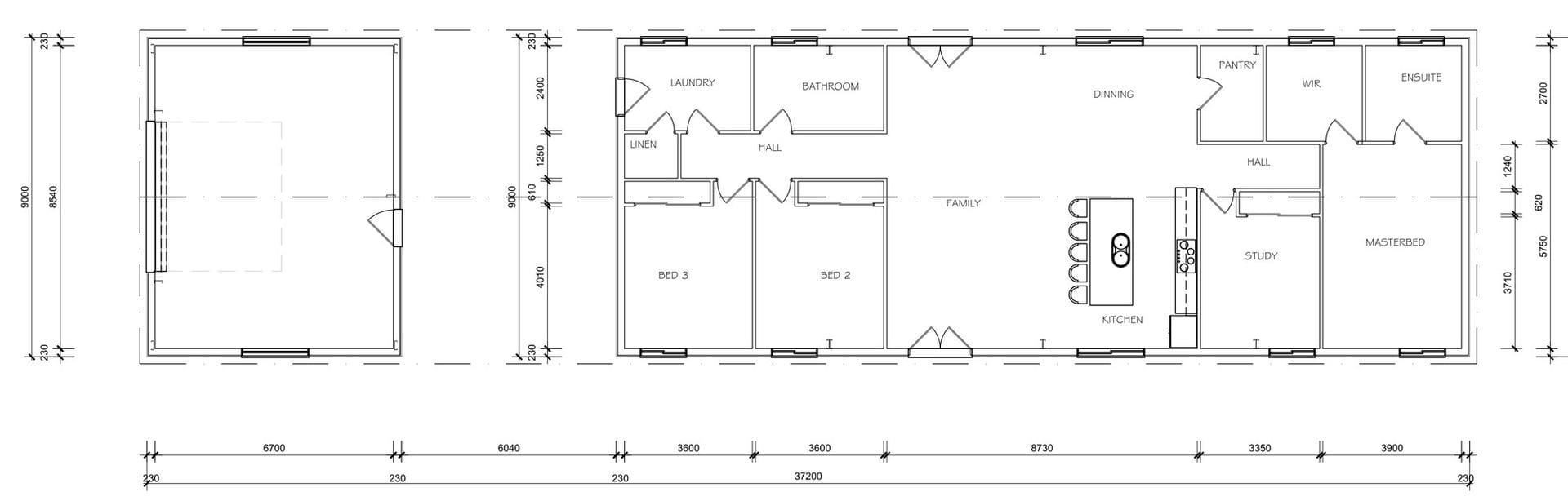 Floor plan, 37.2m long by 9m wide, with the garage and stables area at left