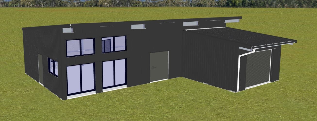 The Barossa, skillion roof shed home with garage wing and roller door, from the Shed Homes 3D designer
