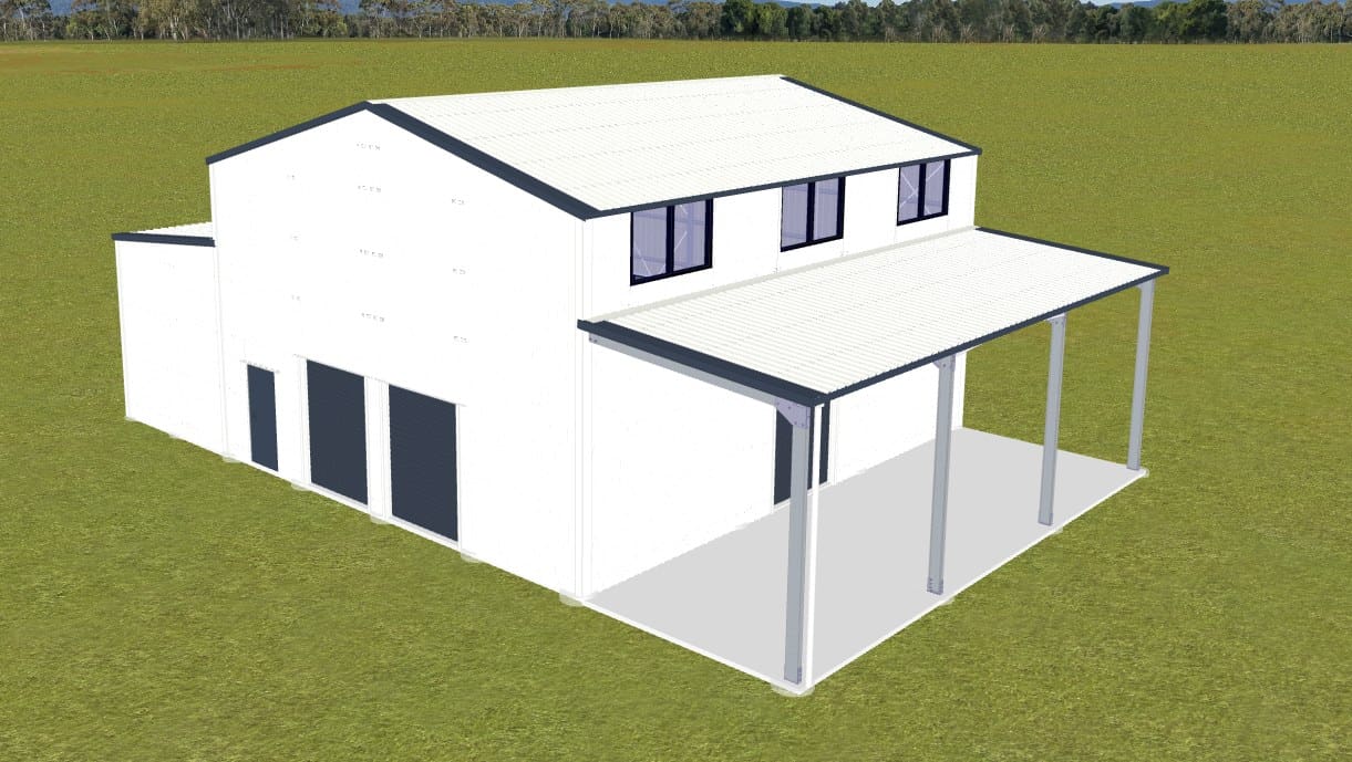 The Daintree, two storey gable shed home with skillion wing and side verandah, from the Shed Homes 3D designer