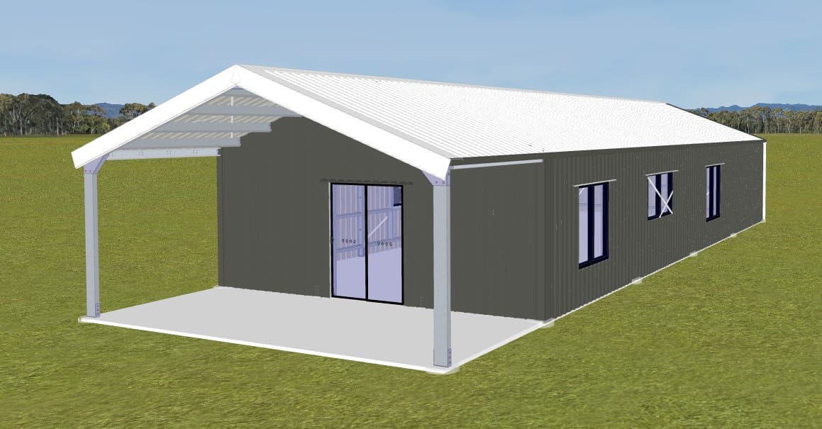 The Grampians, a gable backyard studio with front verandah from the Shed Homes smaller range, drawn in the 3D designer