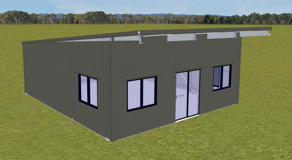 Small skillion roof backyard studio with sliding door drawn in the Shed Homes 3D designer