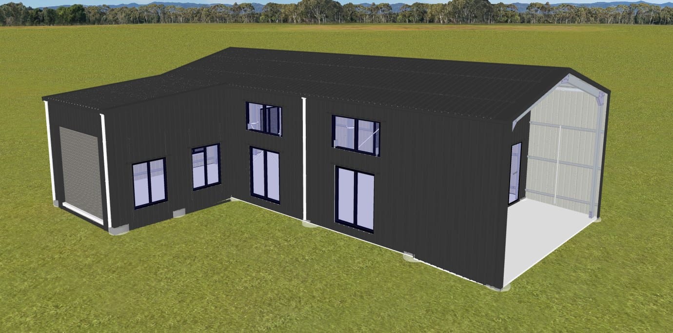 The Tasman Mini, L shaped gable shed home with roller door and carport bay, from the Shed Homes 3D designer